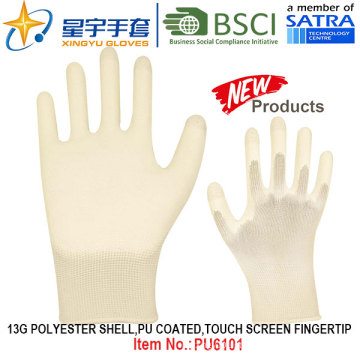 13G Poliéster Shell PU Coated Gloves (PU6101) Touch Screen Fingertip com CE, En388, En420 Work Gloves